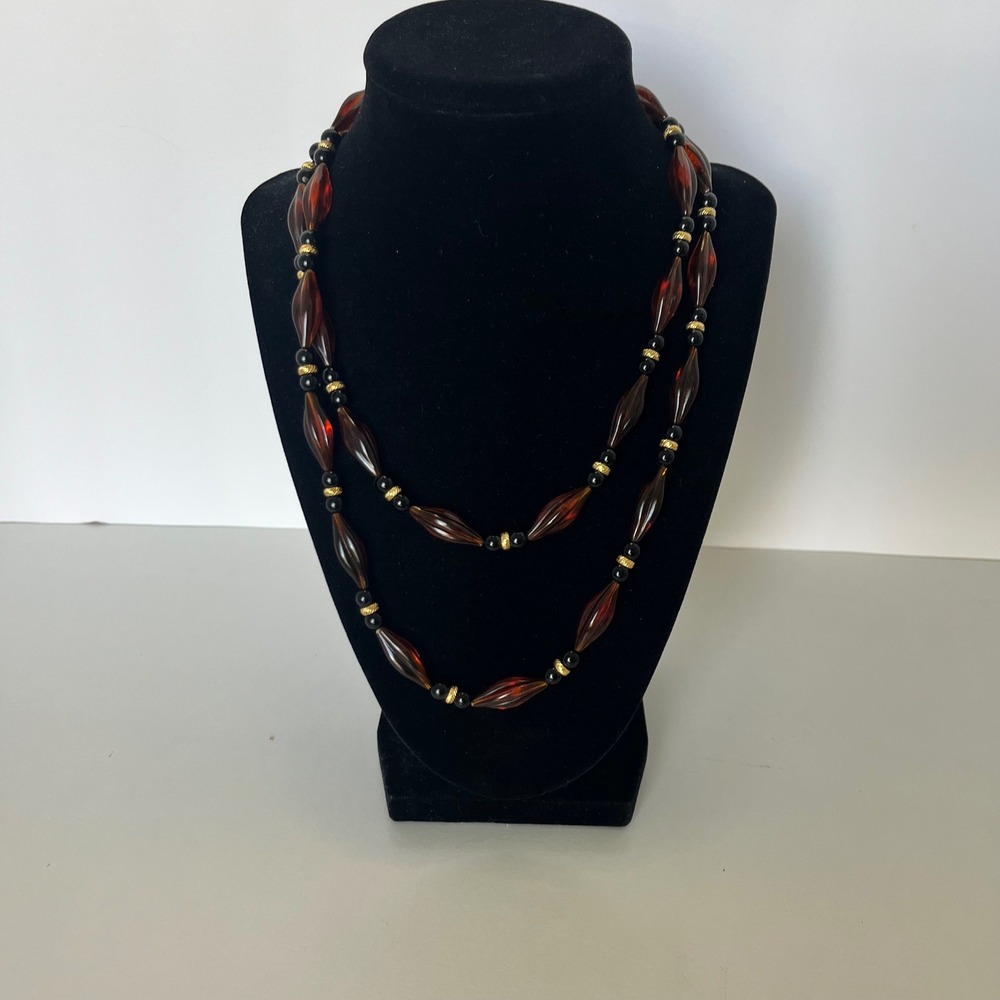 Vintage Amber Black Plastic Beaded Long Necklace Gold Tone Spacers 39 Inch